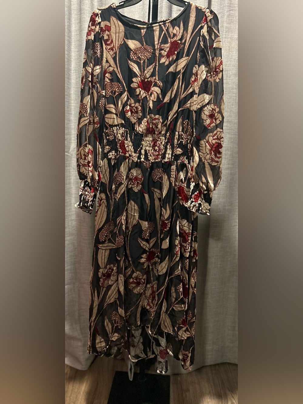 Cupio Black Maxi Dress with Cream and Red Floral Print
